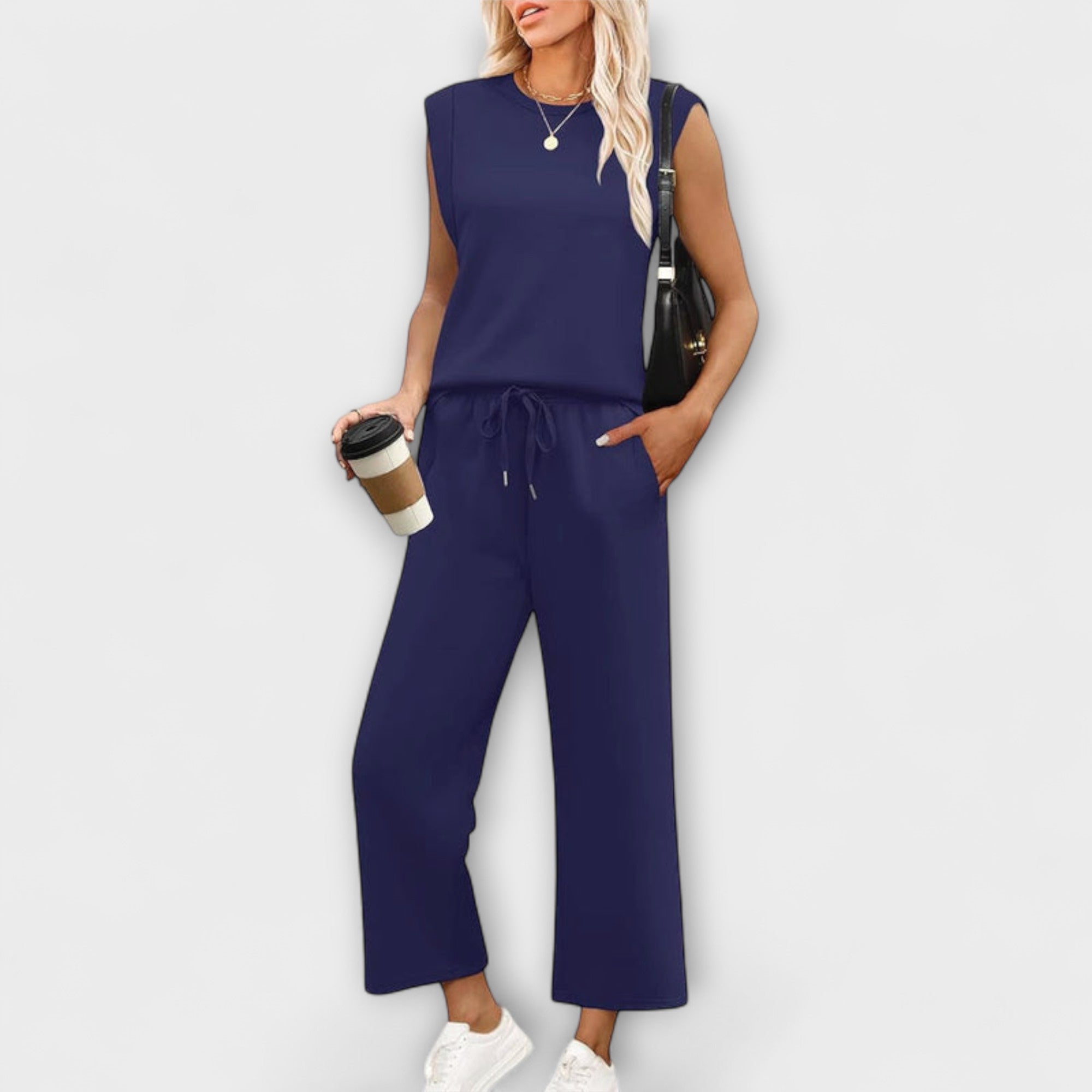 Zweiteiliges Damen-Set mit ärmellosem Oberteil und weiten Culottes, Kordelzug, dunkelblau