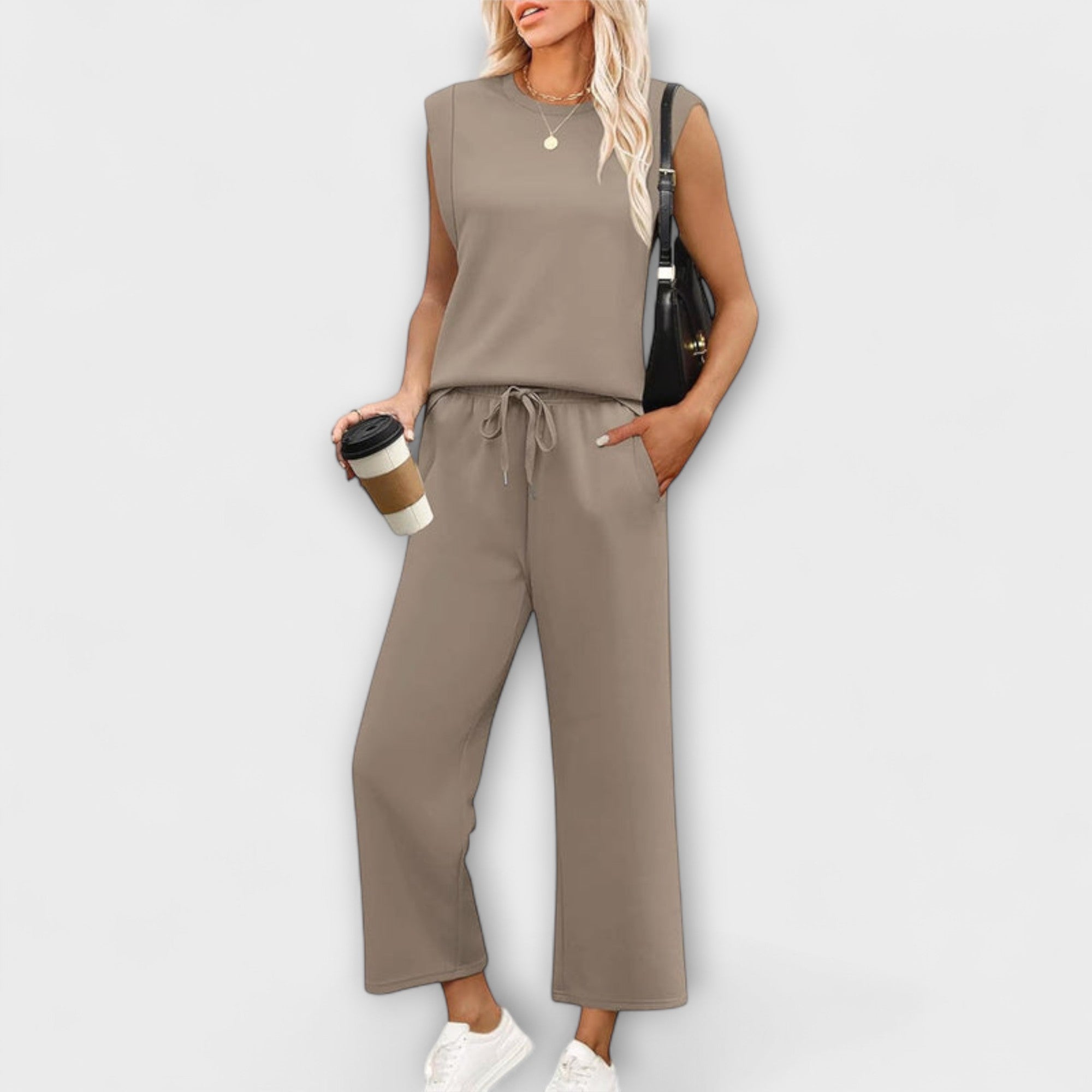 Zweiteiliges Damen-Set mit ärmellosem Oberteil und weiten Culottes, Kordelzug, khaki