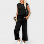 Zweiteiliges Damen-Set mit ärmellosem Oberteil und weiten Culottes, Kordelzug, schwarz