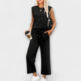 Zweiteiliges Damen-Set mit ärmellosem Oberteil und weiten Culottes, Kordelzug, schwarz