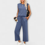 Zweiteiliges Damen-Set mit ärmellosem Oberteil und weiten Culottes, Kordelzug, blau