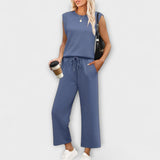 Zweiteiliges Damen-Set mit ärmellosem Oberteil und weiten Culottes, Kordelzug, blau