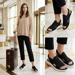 Schwarze Plateau-Sandalen mit Strickobermaterial, offene Zehen, weißer Sohlenrahmen