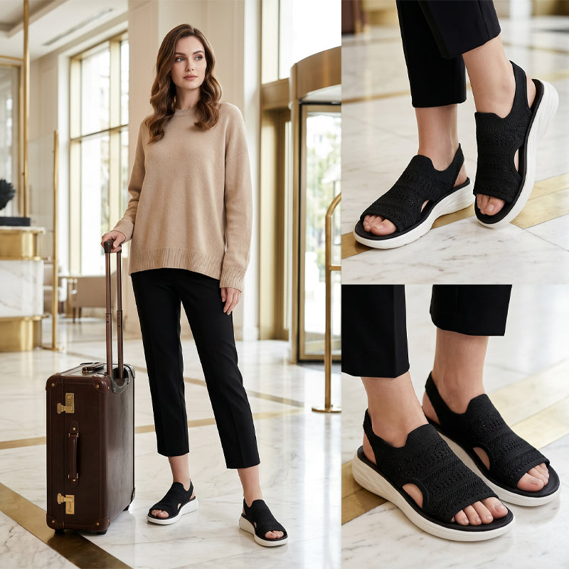 Schwarze Plateau-Sandalen mit Strickobermaterial, offene Zehen, weißer Sohlenrahmen