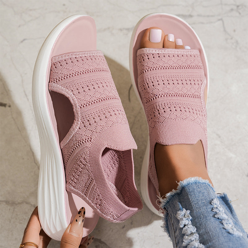 Rosa Plateau-Sandalen mit Strick-Obermaterial, offene Zehen
