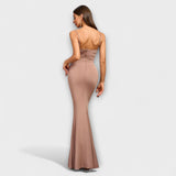Rüschenkleid mit Trägern, figurbetontes Design, meerjungfrau-Saum, Taupe (Rückansicht)
