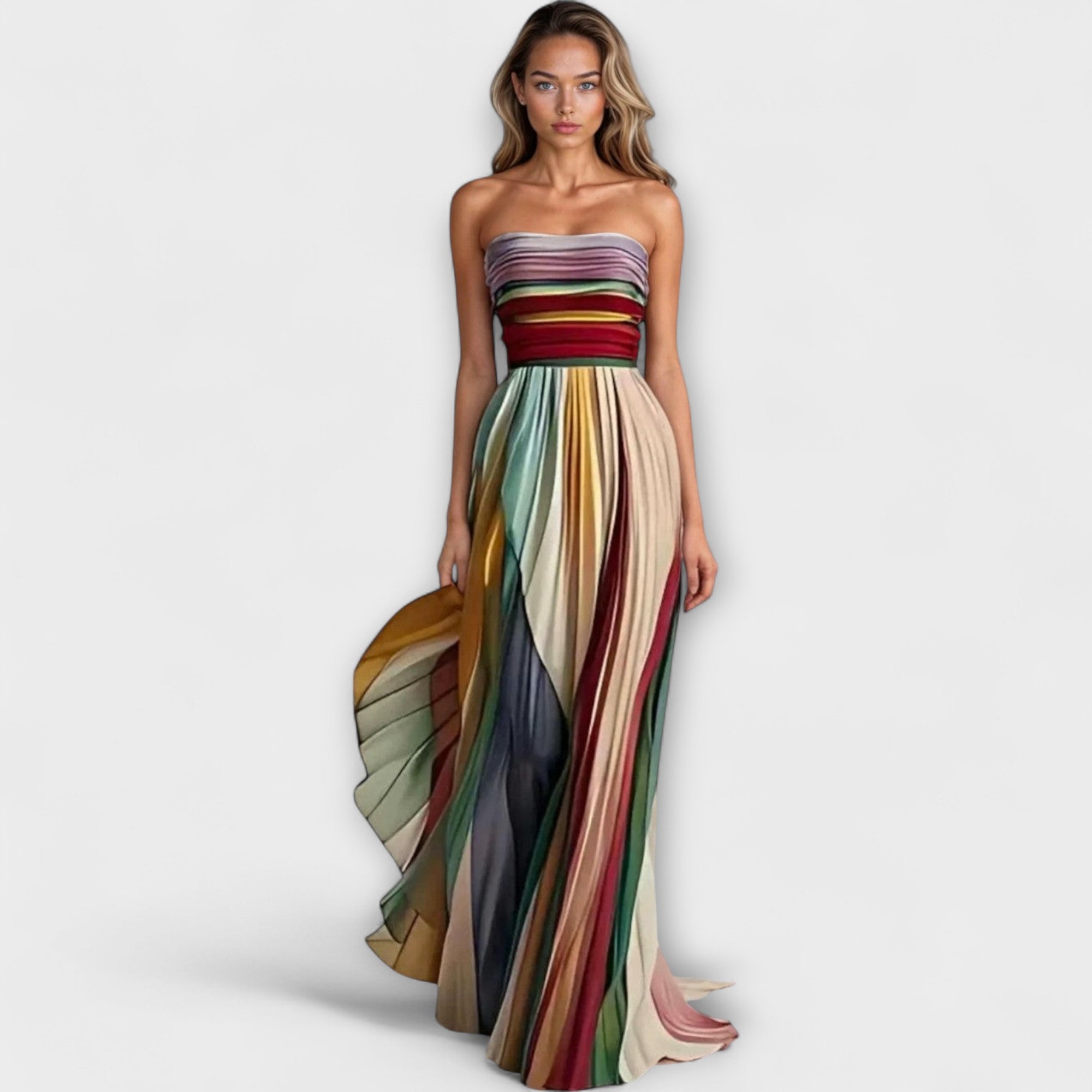 Langes Kleid Flora mit Bandeau, multicolor Streifen und Faltenrock