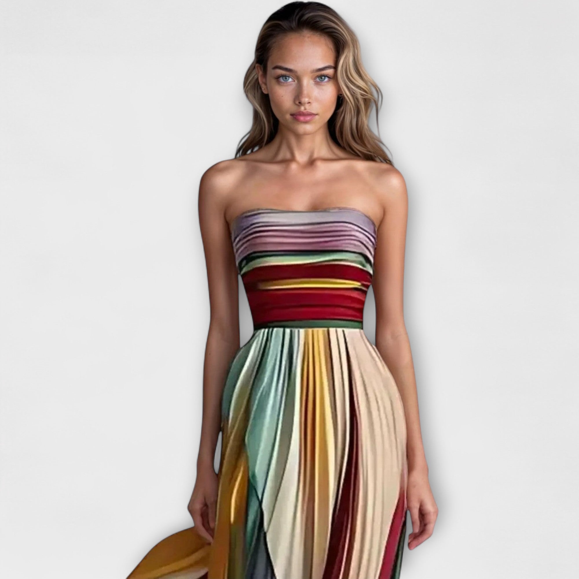 Bandeau-Kleid Flora mit bunten Streifen, gerafftem Faltenrock