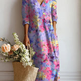 Lila Midi-Kleid mit Aquarell-Print, V-Ausschnitt und 3/4-Ärmeln