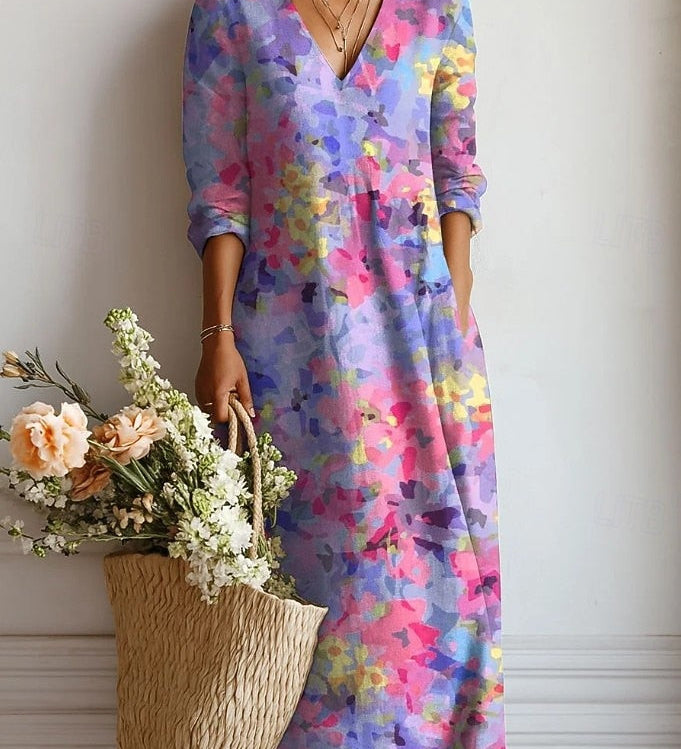 Lila Midi-Kleid mit Aquarell-Print, V-Ausschnitt und 3/4-Ärmeln