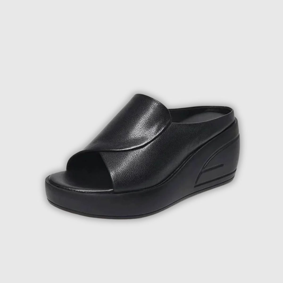 Orthopädische Slip-On-Wedgesandalen, schwarze Lederoptik, offene Zehen