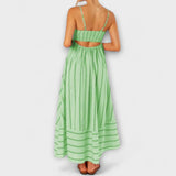 Maxi-Kleid Rückansicht mit Spaghettiträgern, grün geringelt, gerafftes Oberteil