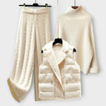 Strickset mit Rollkragenpullover, Zopfmuster-Rock und Steppweste mit Kunstfellkragen