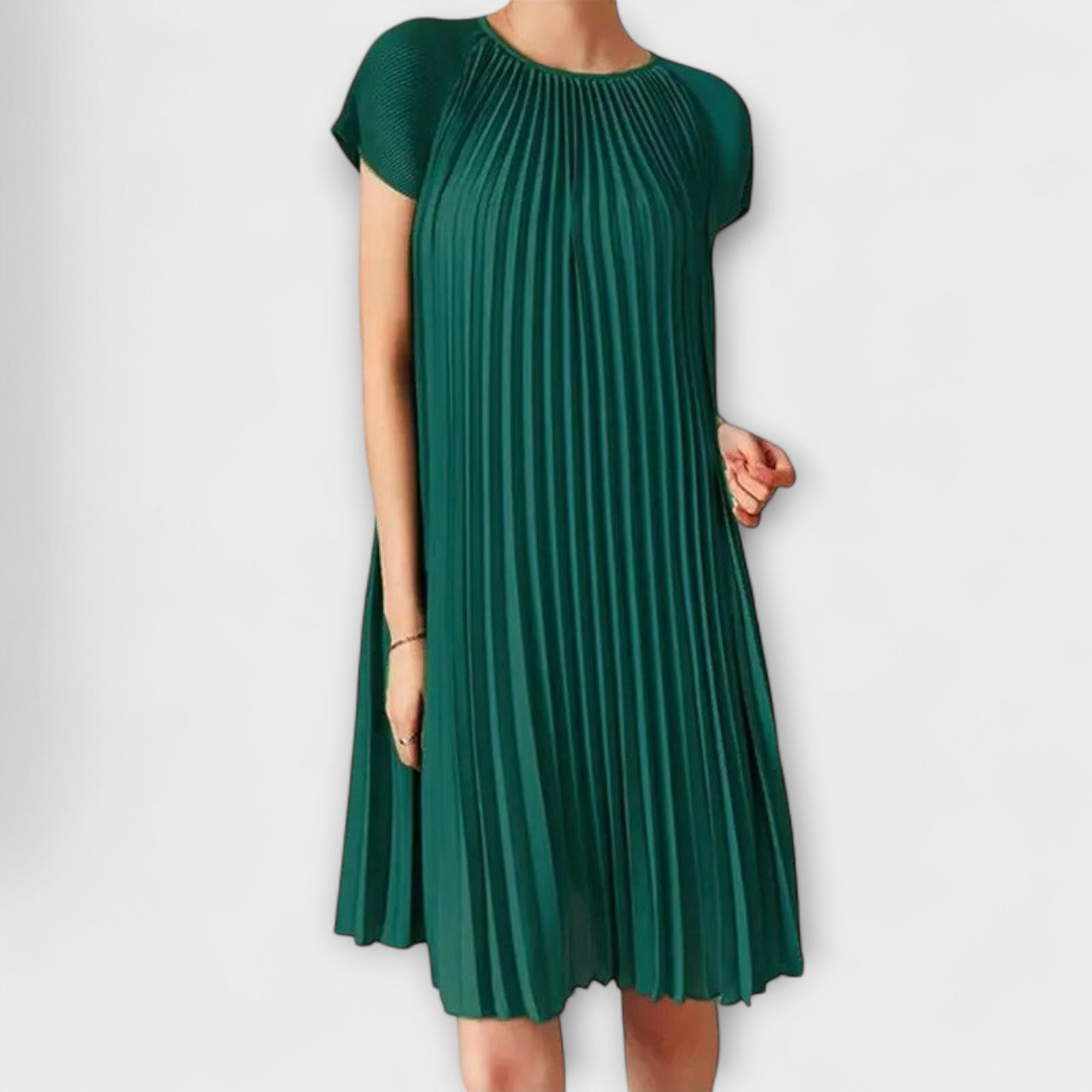 Plisseekleid Grün mit Rundhalsausschnitt und kurzen Ärmeln, knielang