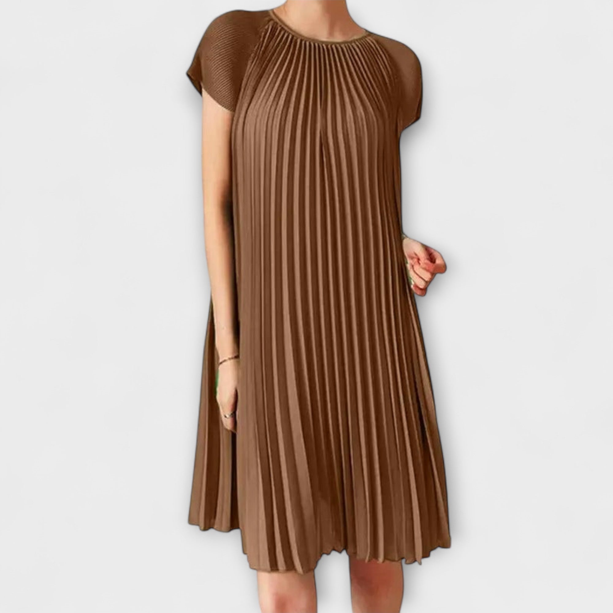 Plisseekleid Braun mit Rundhalsausschnitt und kurzen Ärmeln, knielang