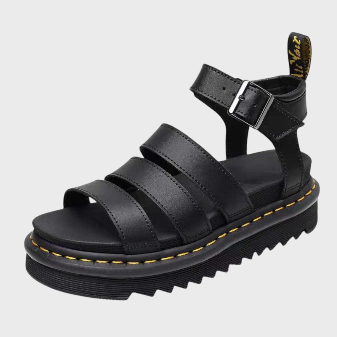 Schwarze Sandalen mit dicker Sohle, Riemen und Schnallenverschluss