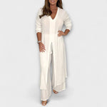 2-teiliges Damen-Co-Ord-Set in Weiß: V-Ausschnitt-Tunika mit weitem Hosenbein