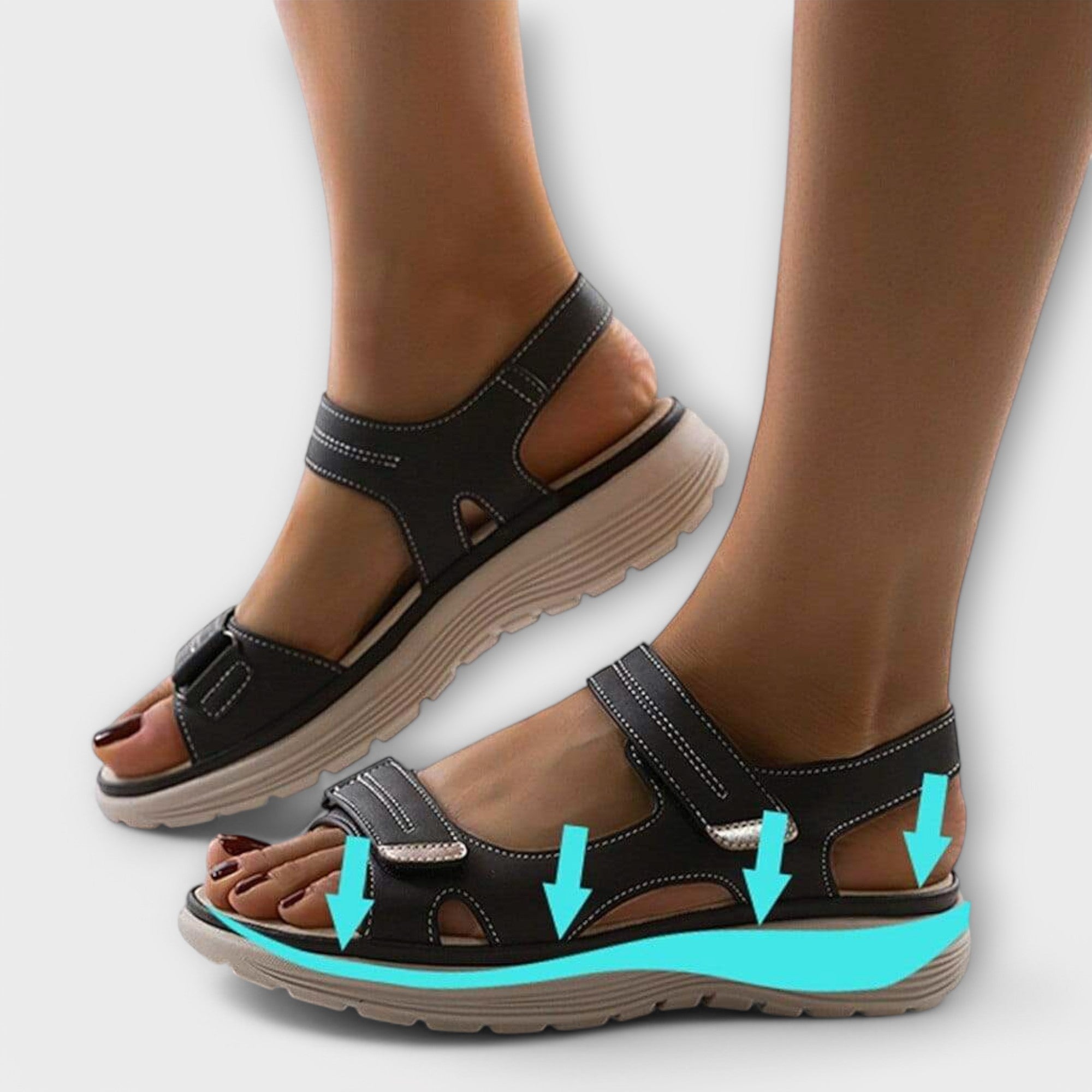 Orthopädische Sandalen in Schwarz mit Riemen und Klettverschluss am Rist