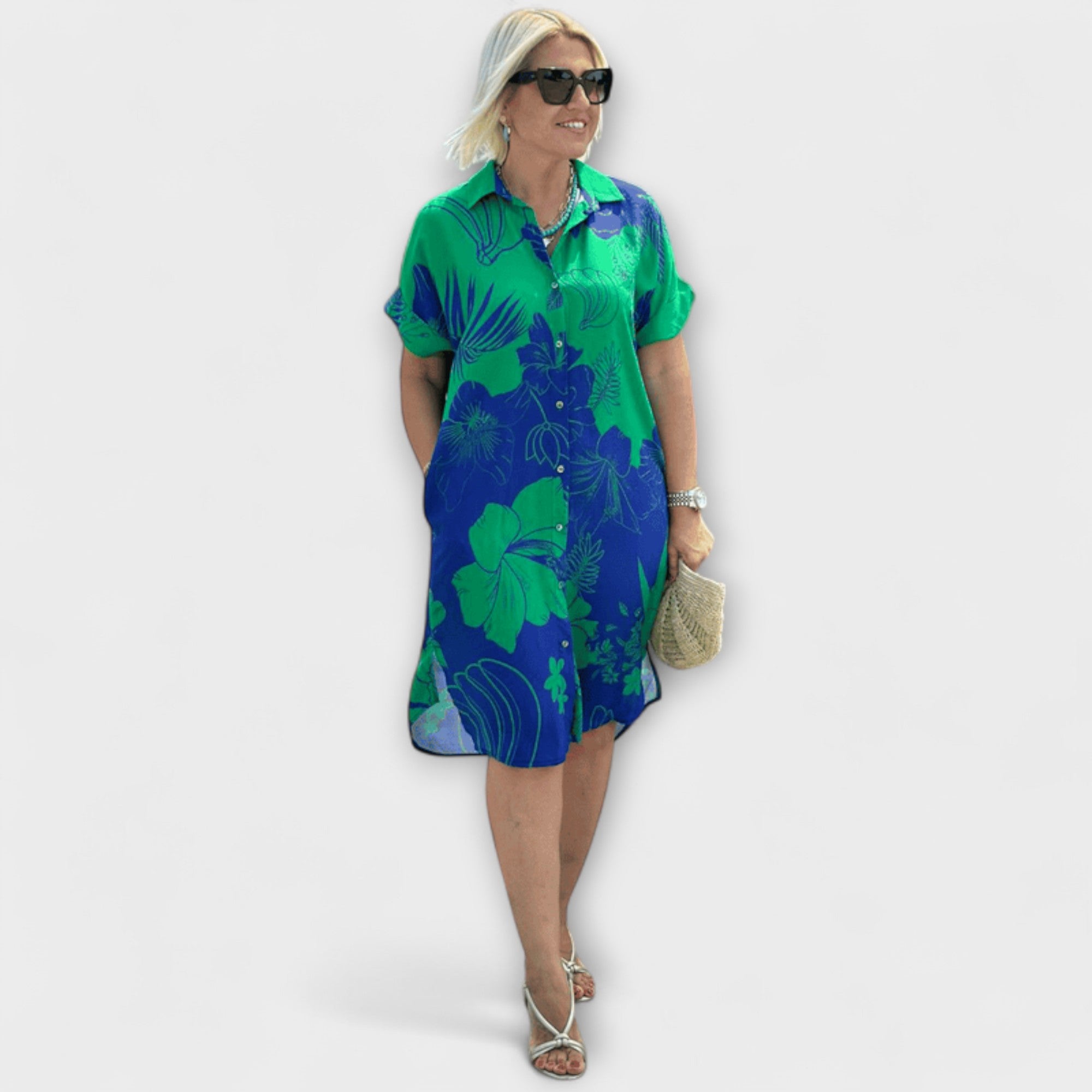 Knielanges Kleid mit Blumenmuster, kurzarm, Knopfleiste vorn, grün-blau