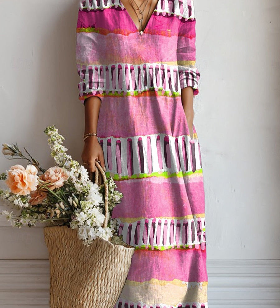 Lila-rosa Midi-Kleid mit Pinselstrich-Print, V-Ausschnitt und Ärmeln