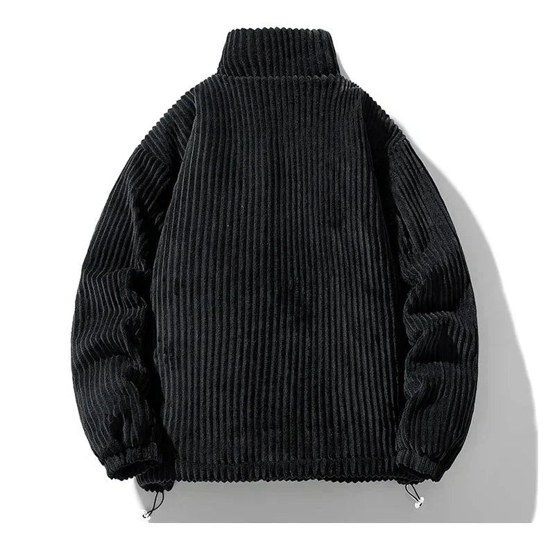 Cordjacke mit Stehkragen, dunkelschwarz, gerippter Cord-Optik, Reißverschluss vorn
