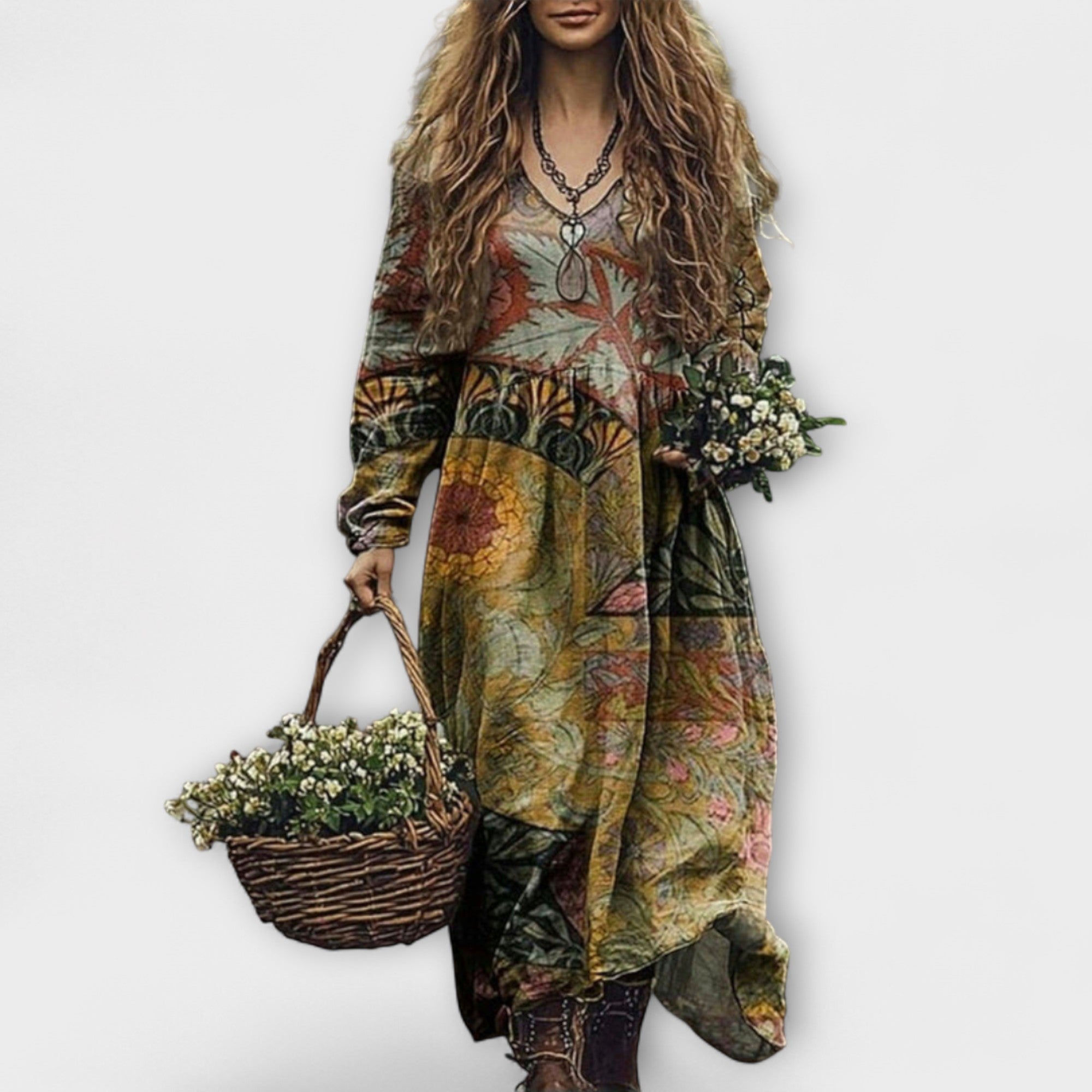 Langarm-Kleid mit Blumen- und Paisleyprint, mehrfarbige Flächen, fallender Saum