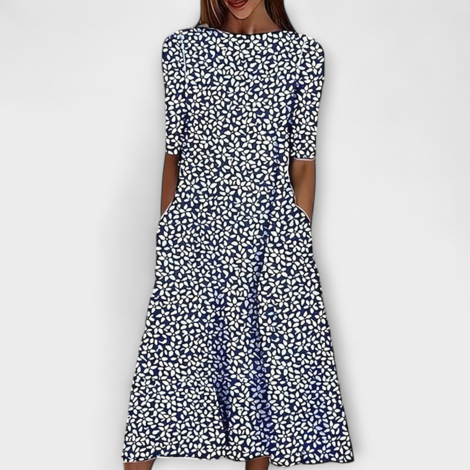 Blumenkleid mit dunkelblauem Allover-Muster auf hellem Grund, 3/4-Ärmel, Glockenform